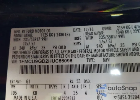 2017 Ford Escape Se z USA, uszkodzony, nr VIN 1FMCU9GD2HUC66098